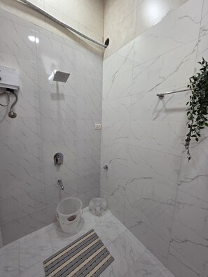 Shower, towels, soap, toilet paper