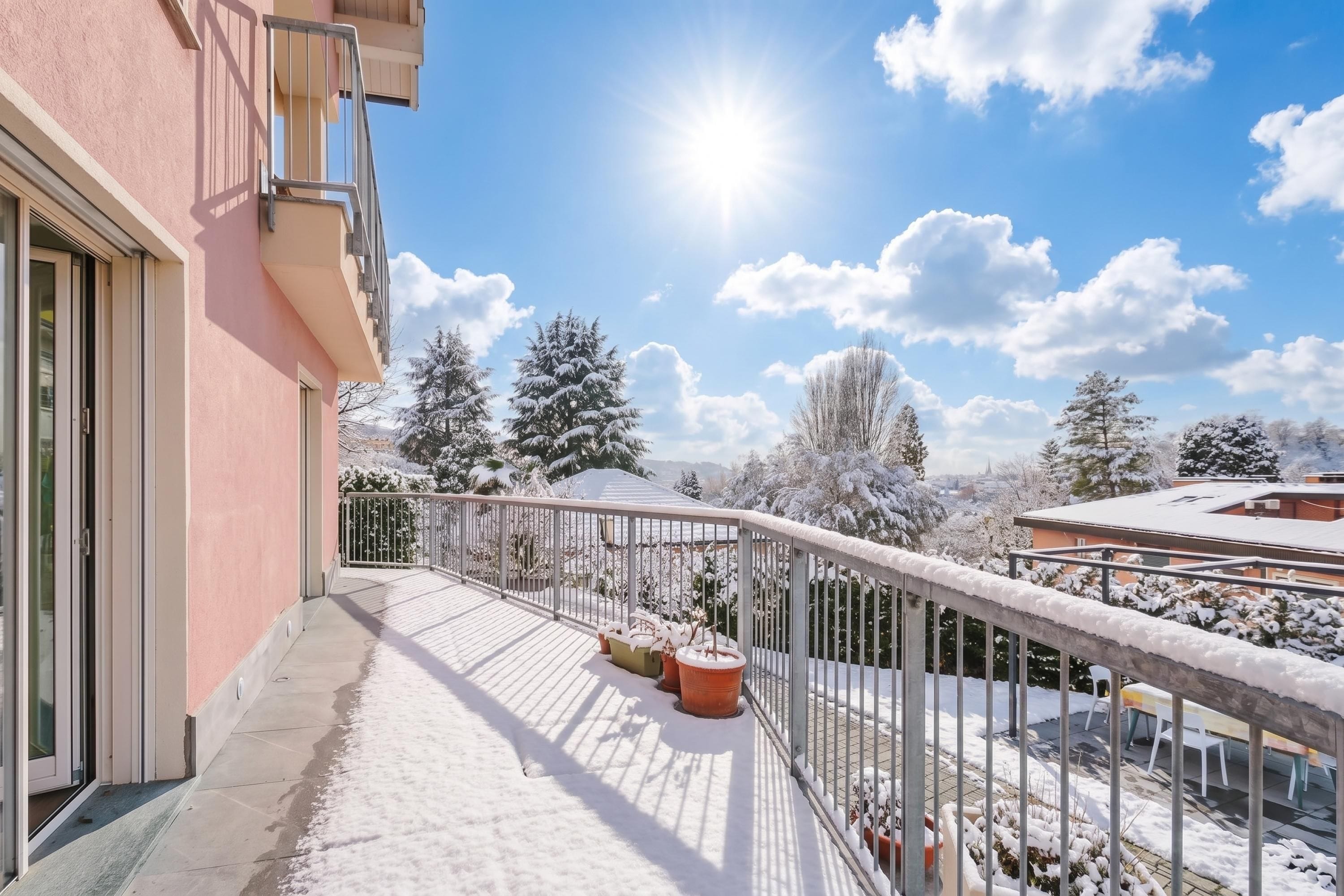 A balcony with a metal railing, potted plants, and a snowy landscape in the background.
