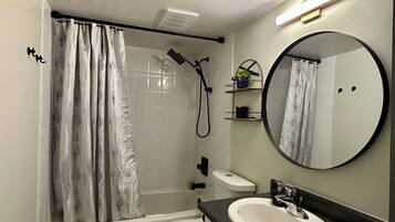 Hair dryer, towels, soap, toilet paper