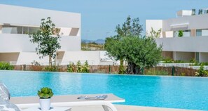 Area piscina moderna con vista diretta sulla vasca, una poltrona da relax e una piccola pianta in vaso.