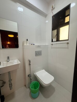 Shower, towels, soap, toilet paper