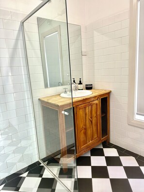 Shower, hair dryer, towels, soap