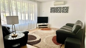 A living room with a sofa, a TV, a lamp, and a patterned rug.