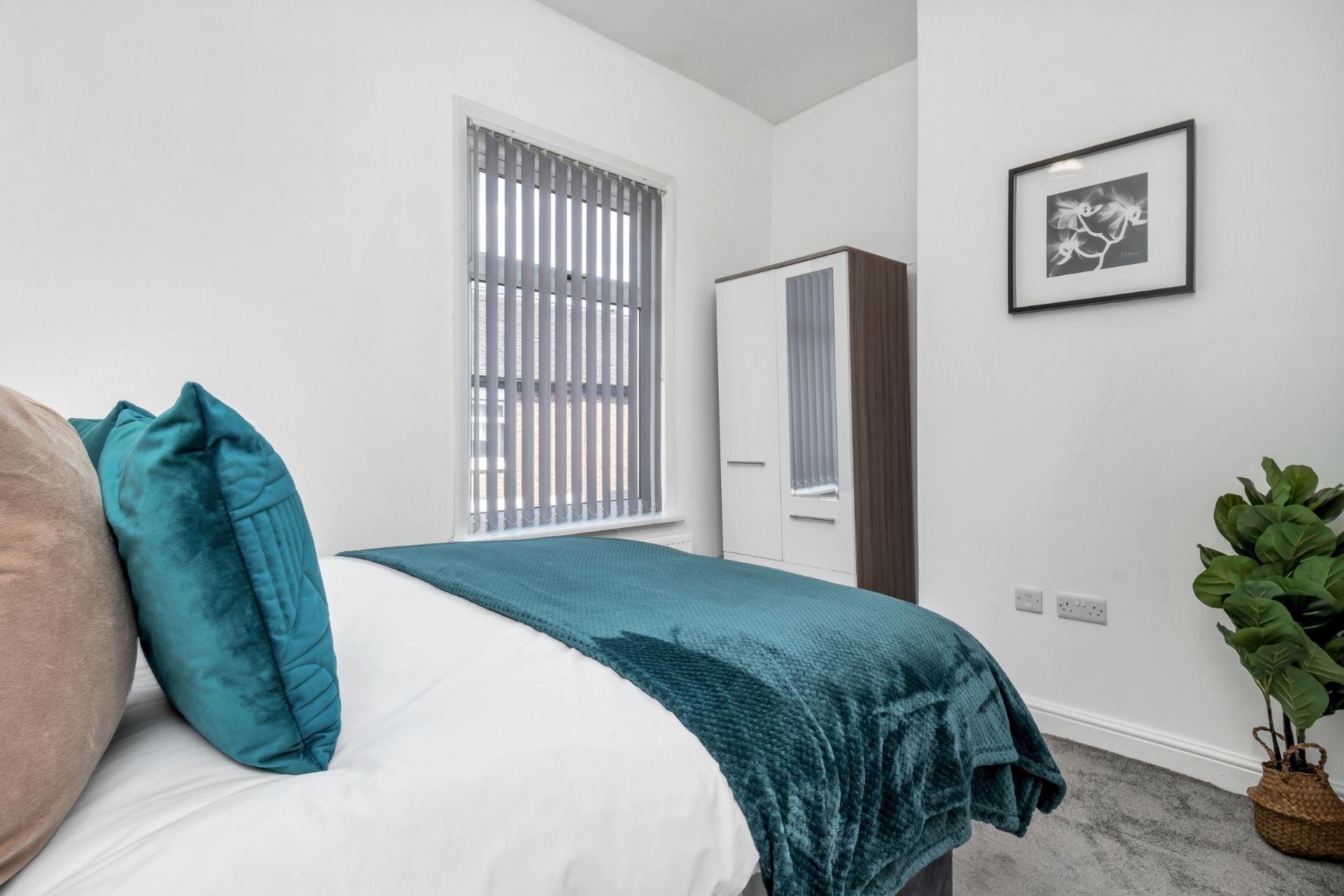 A bedroom with a bed, a window with blinds, a wardrobe, a framed picture on the wall, and a potted plant.