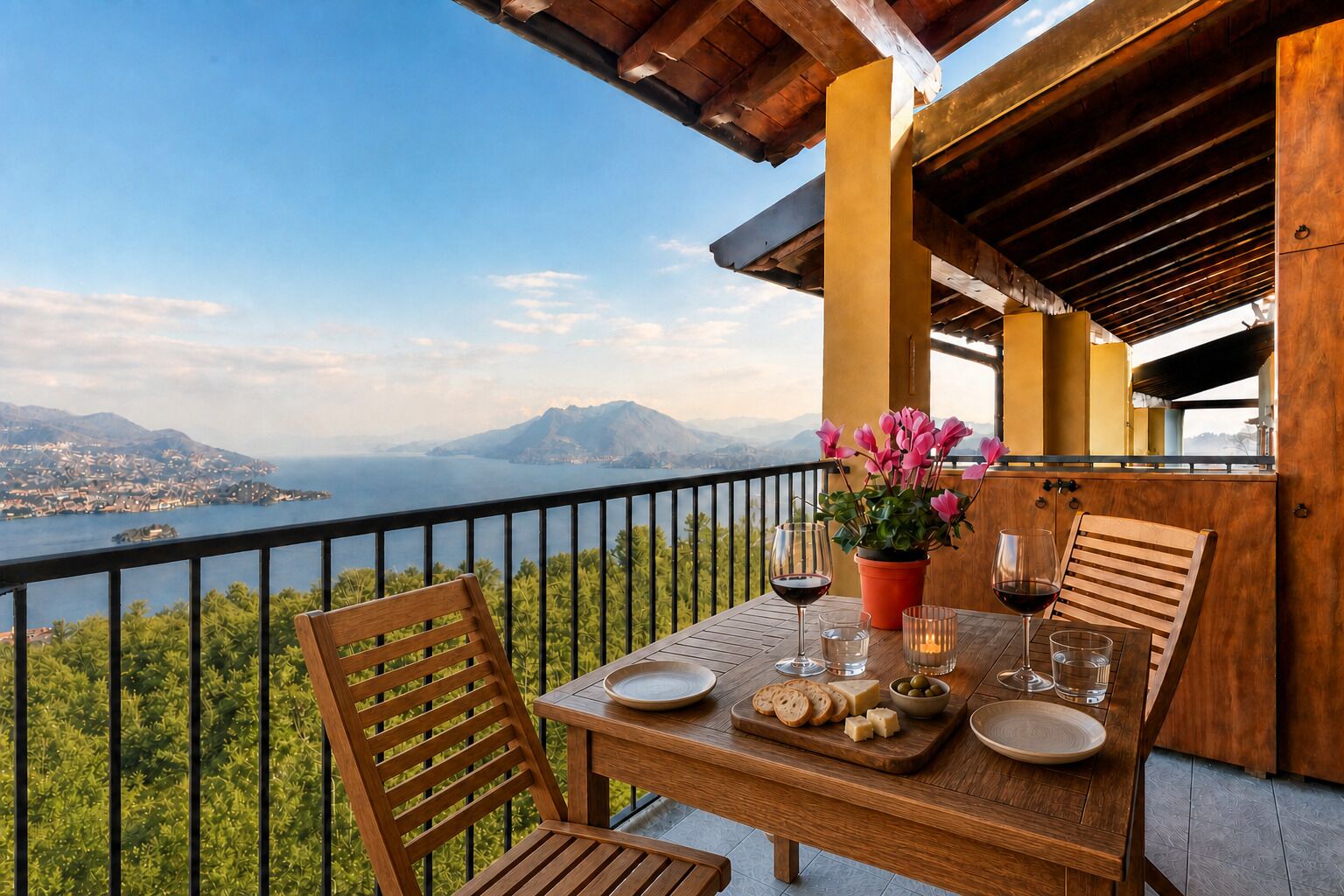 Una mesa de madera dispuesta con platos, vasos y una planta en maceta en un balcón con vista al agua y montañas.