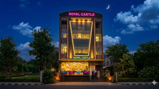 Hotel anomenat 'Royal Castle' amb un rètol destacat, un disseny arquitectònic modern i una entrada ben il·luminada.