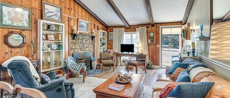 TV, fireplace, books