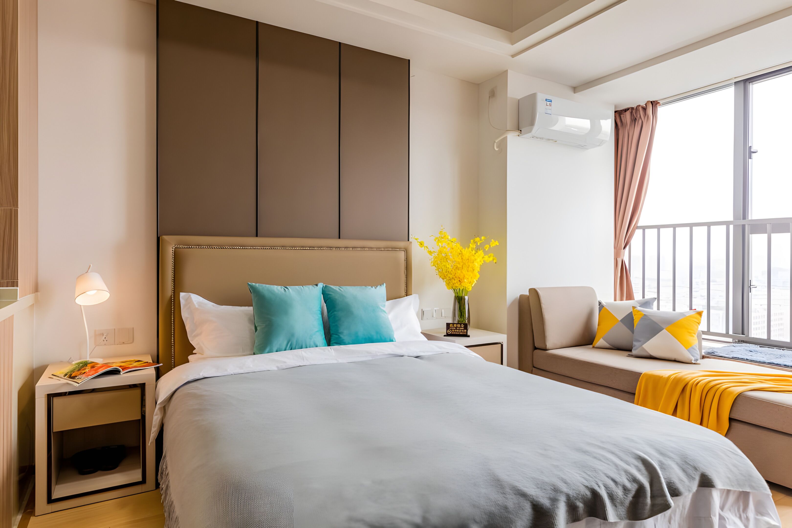Ein Hotelzimmer mit einem großen Bett, einer Couch, einem Nachttisch mit Lampe und einem Fenster mit Vorhängen.