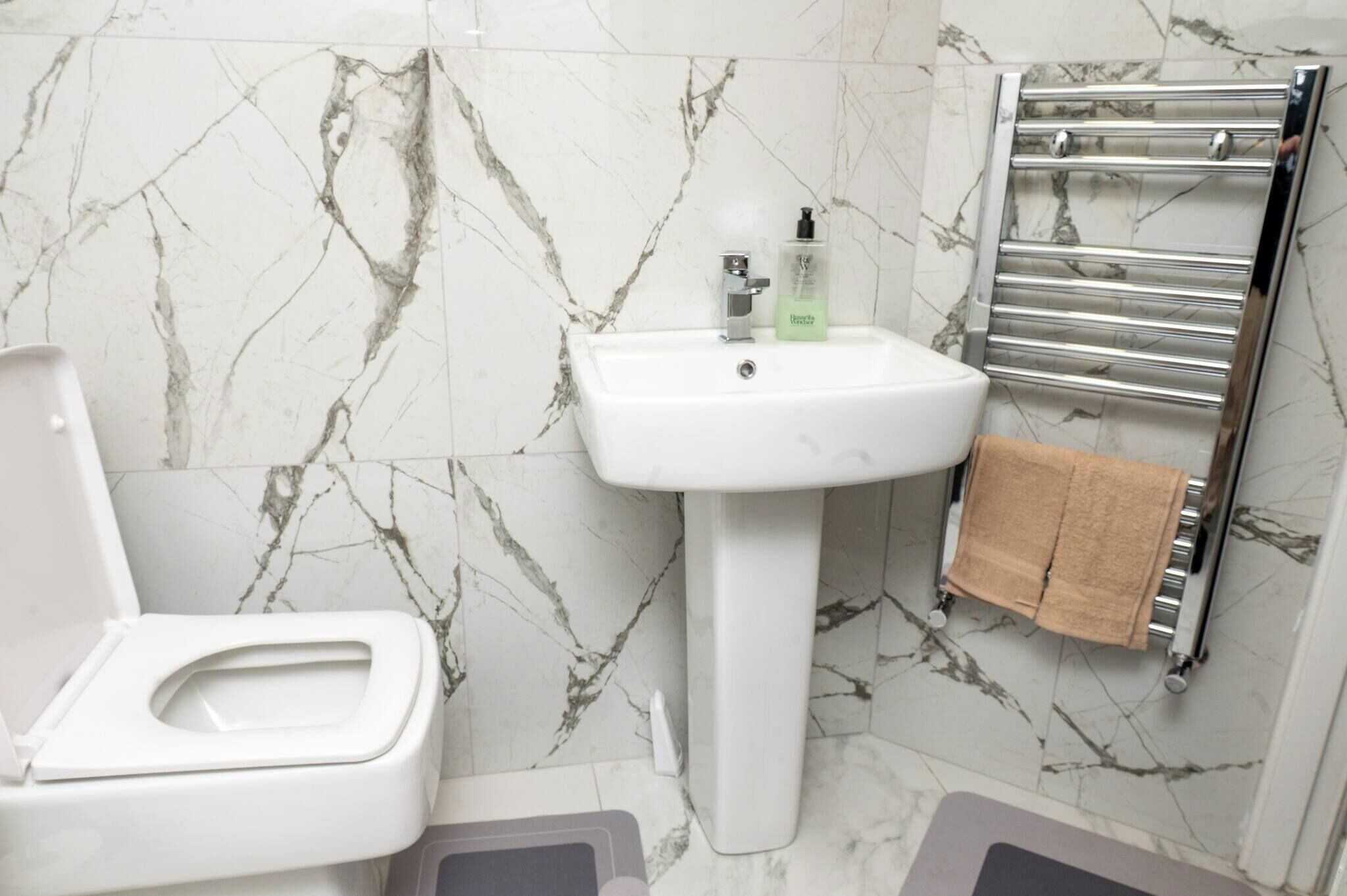 Une salle de bain équipée de toilettes, d’un lavabo sur colonne et d’un porte-serviettes.