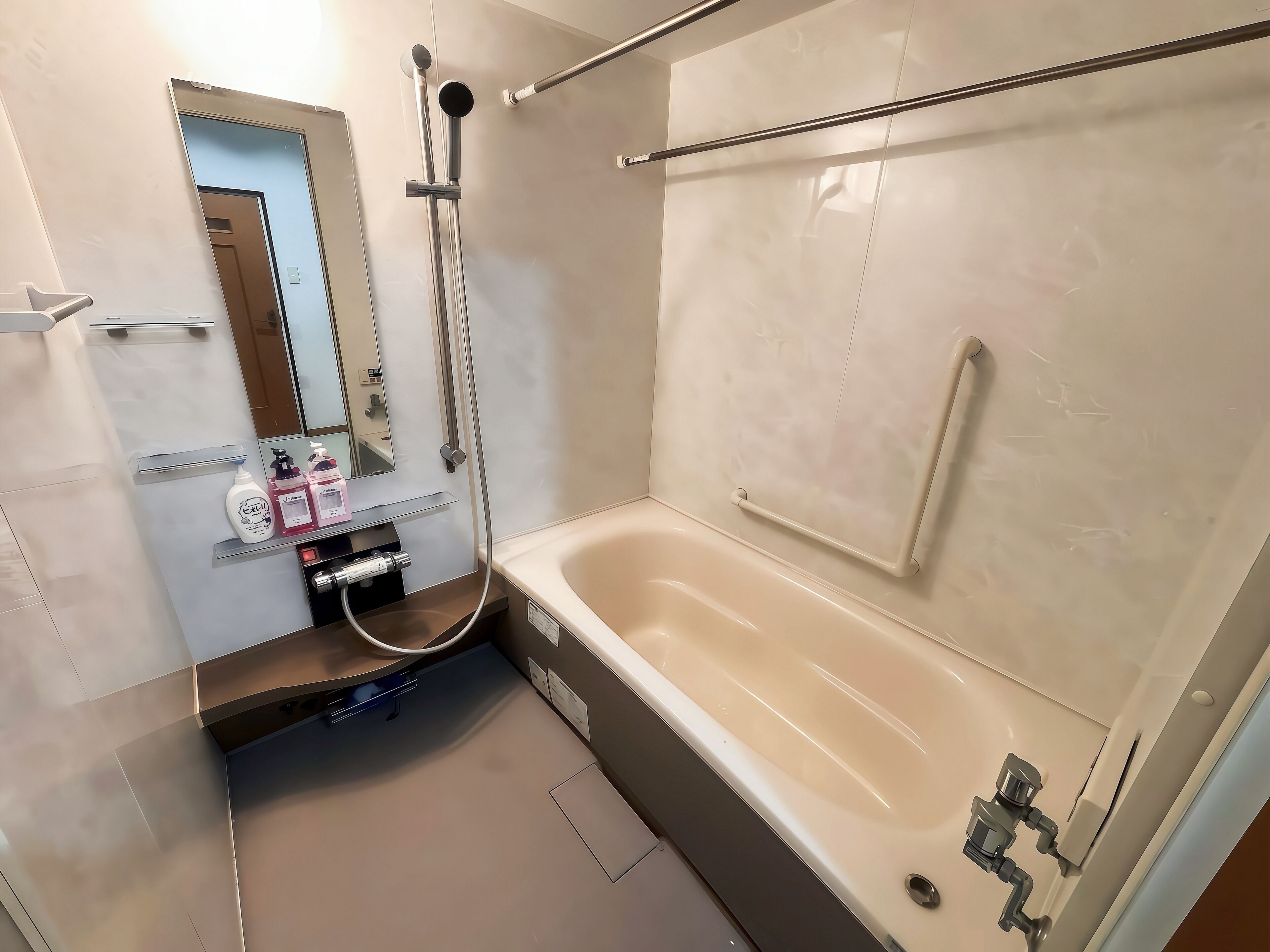 Hair dryer, towels, soap, toilet paper