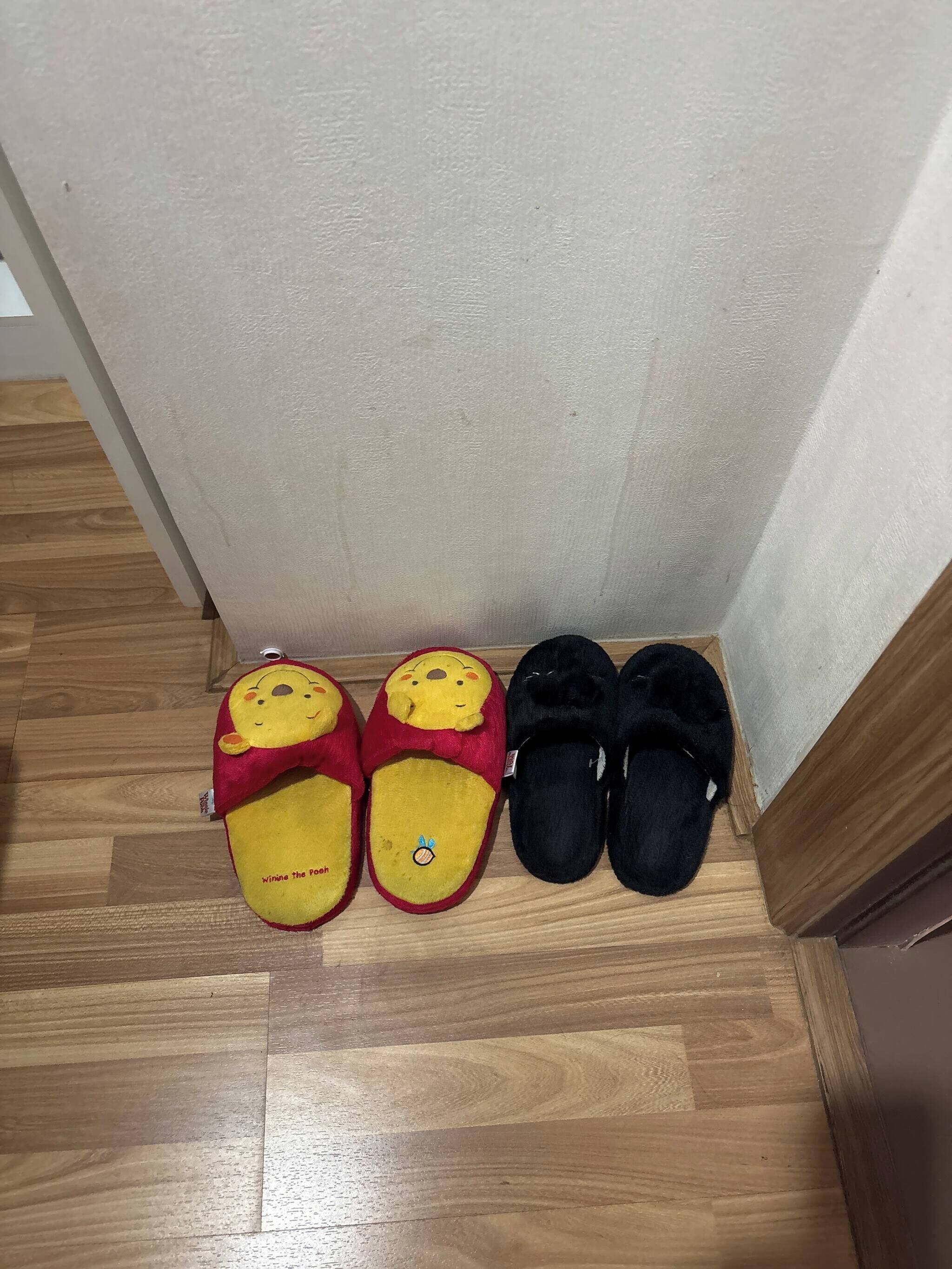 Un par de zapatillas y un par de zapatos sobre un piso de madera.