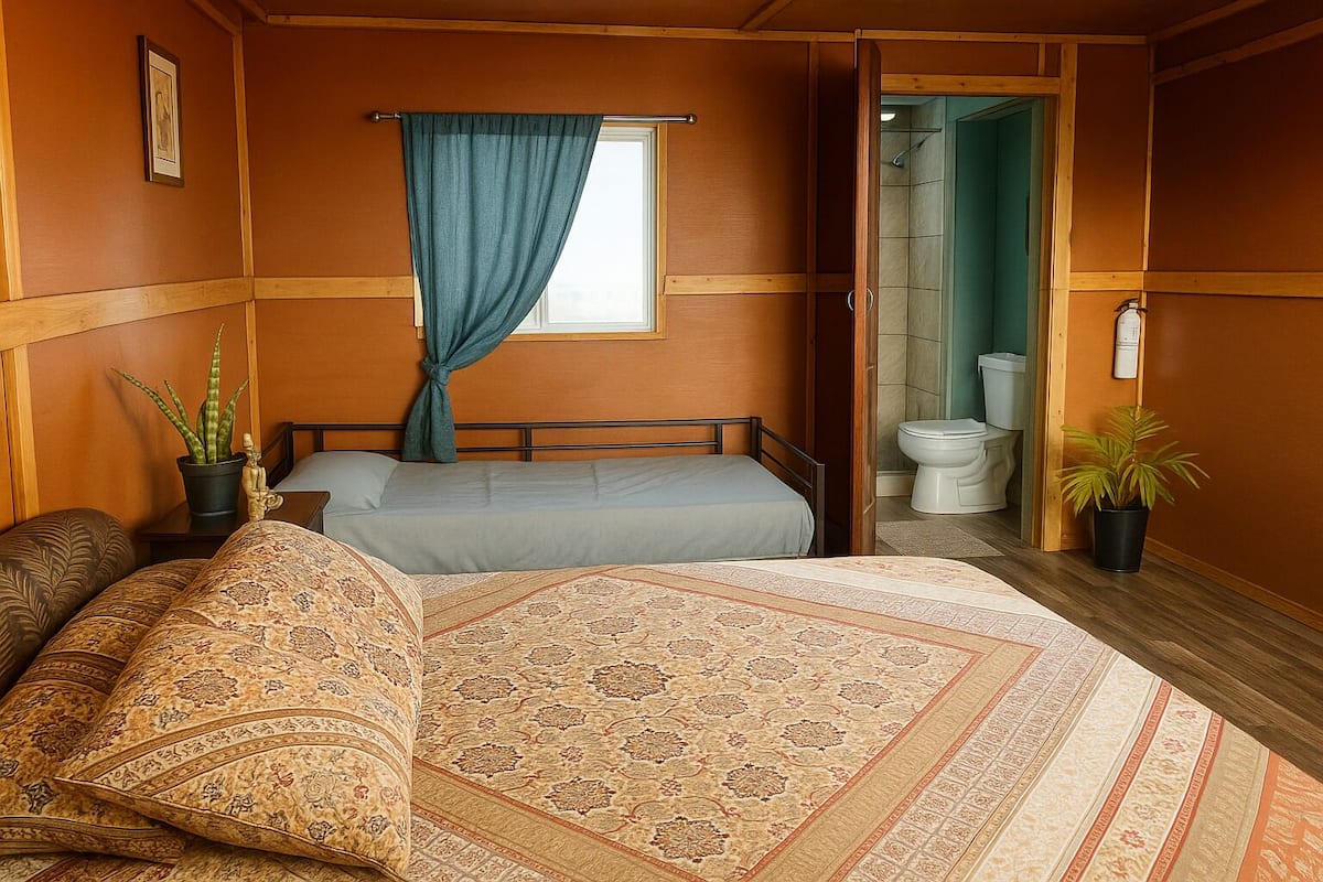 A room with two beds, a window with blue curtains, a toilet, and potted plants.