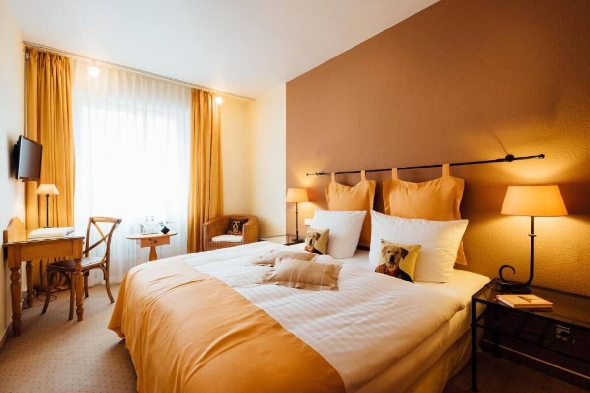 A hotel room with a large bed, a desk with a chair, a TV, and a small table with a lamp.