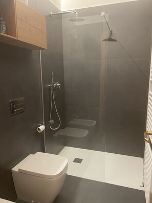 Ein modernes Badezimmer mit einer Duschkabine aus Glas, einer Toilette und einem Waschbecken.