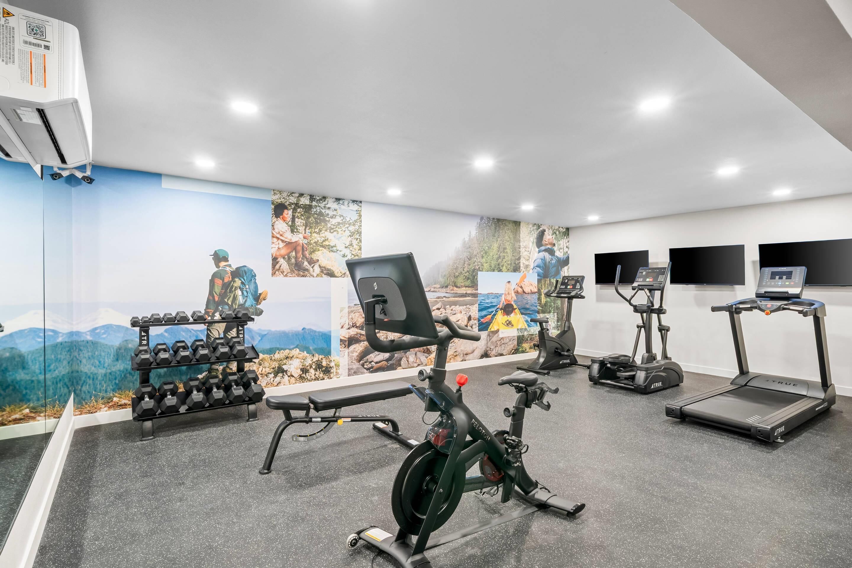 A gym with exercise equipment, a wall mural, and a treadmill.