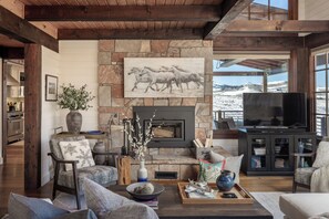 Télévision, cheminée, livres