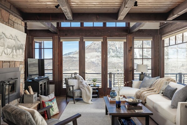 Télévision, cheminée, livres