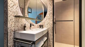 Shower, rainfall showerhead, hair dryer, towels