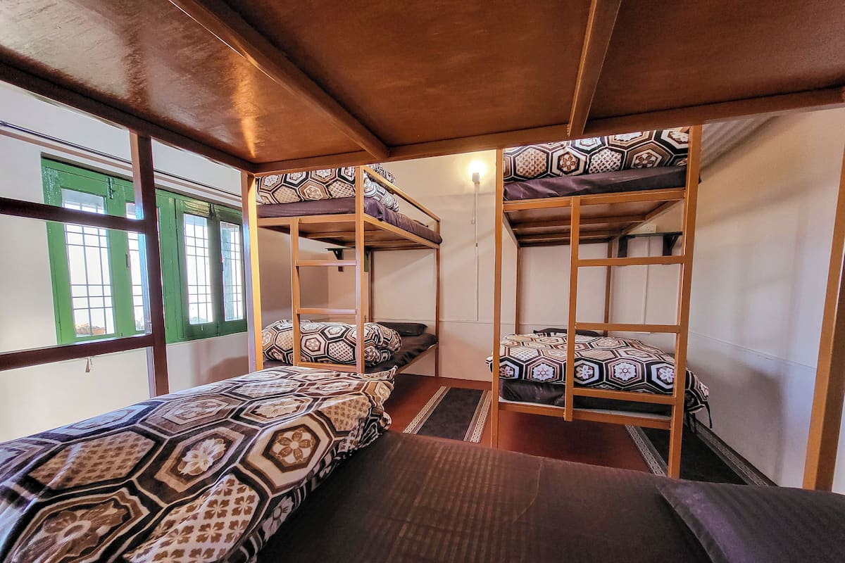 A dormitory room with bunk beds, patterned bedding, and a window with green shutters.