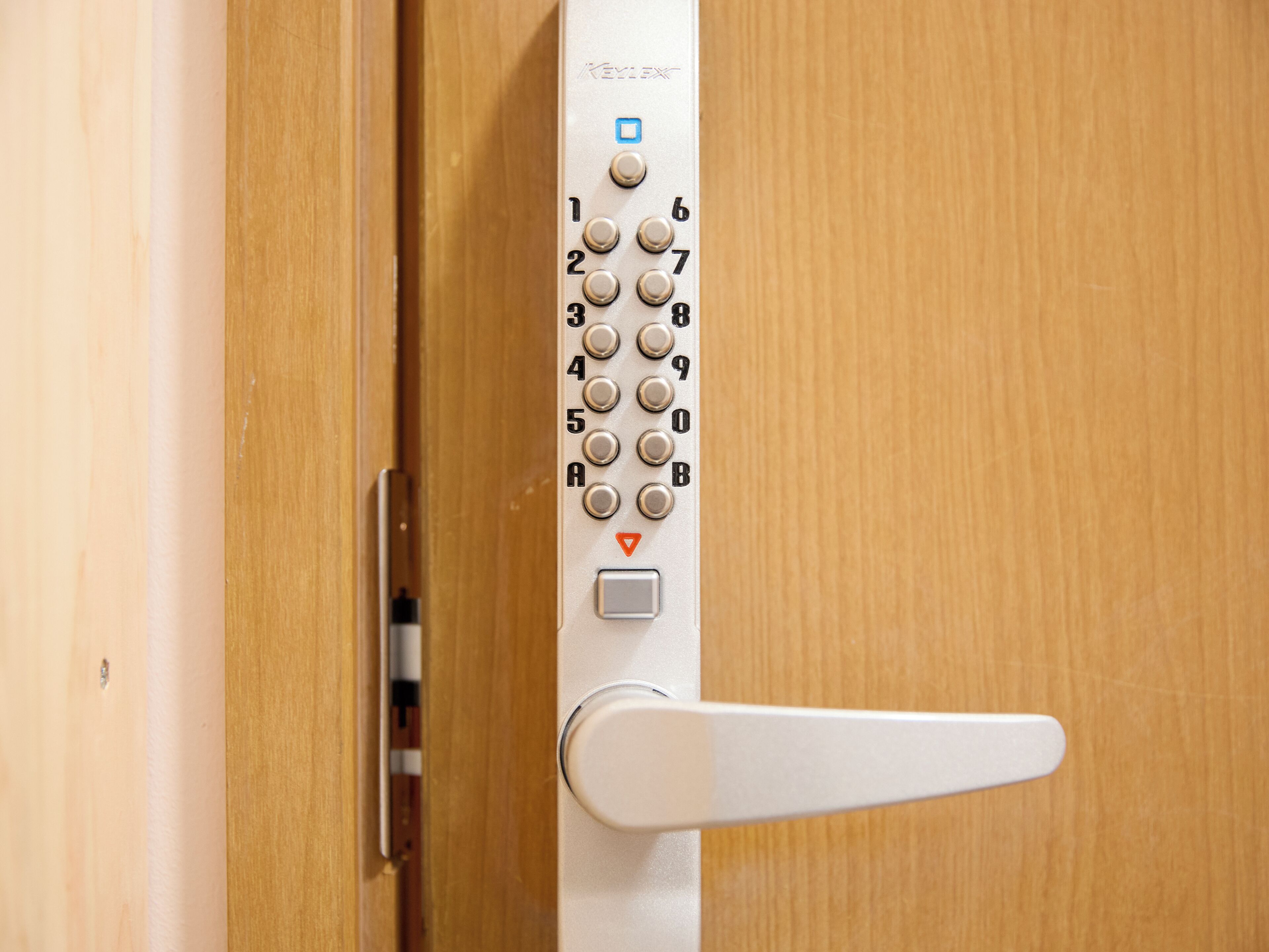 Una puerta con teclado numérico y cerradura de botones.