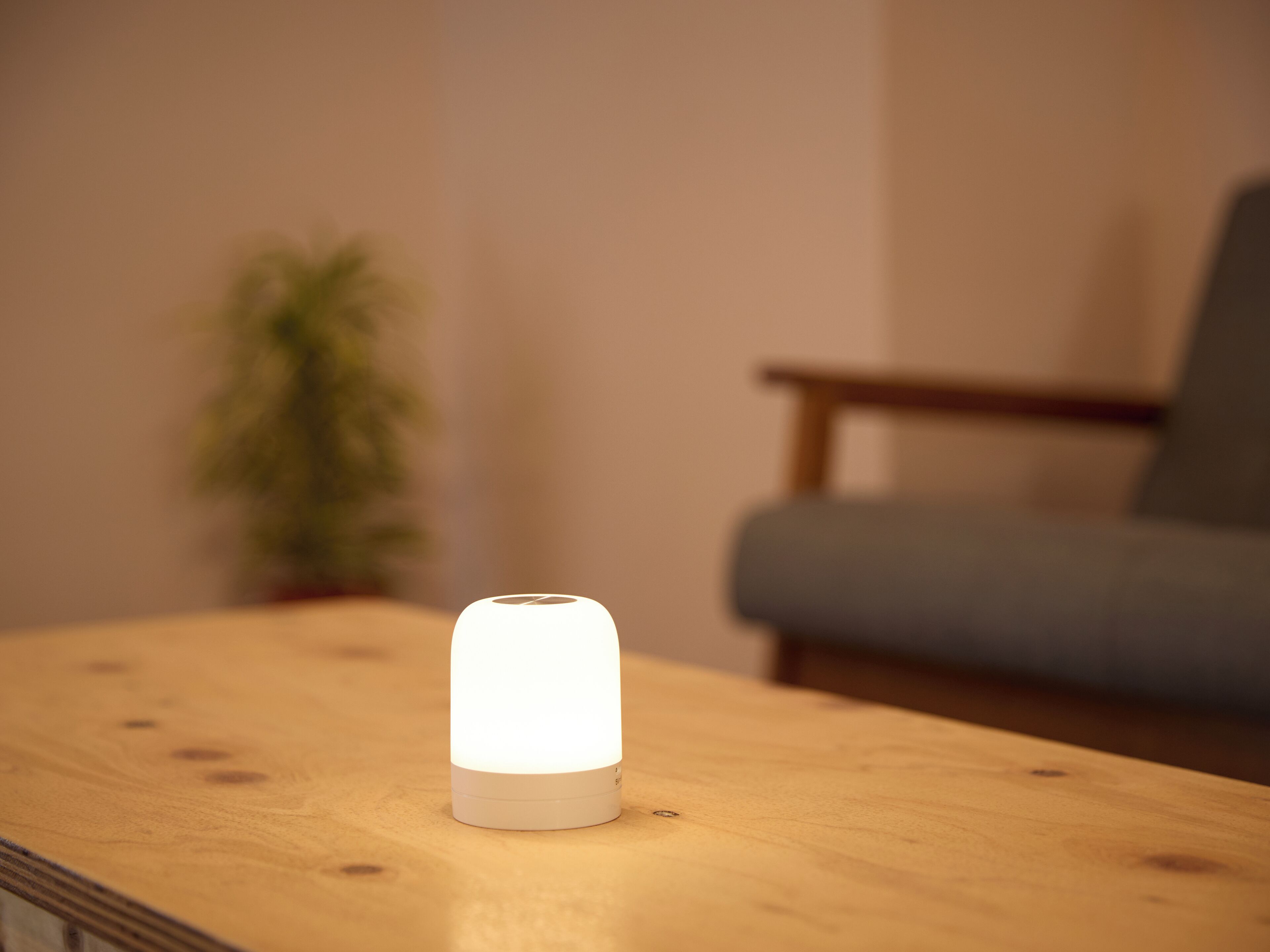 Una lámpara de mesa blanca sobre una mesa de madera en una habitación con una planta y una silla azul al fondo.