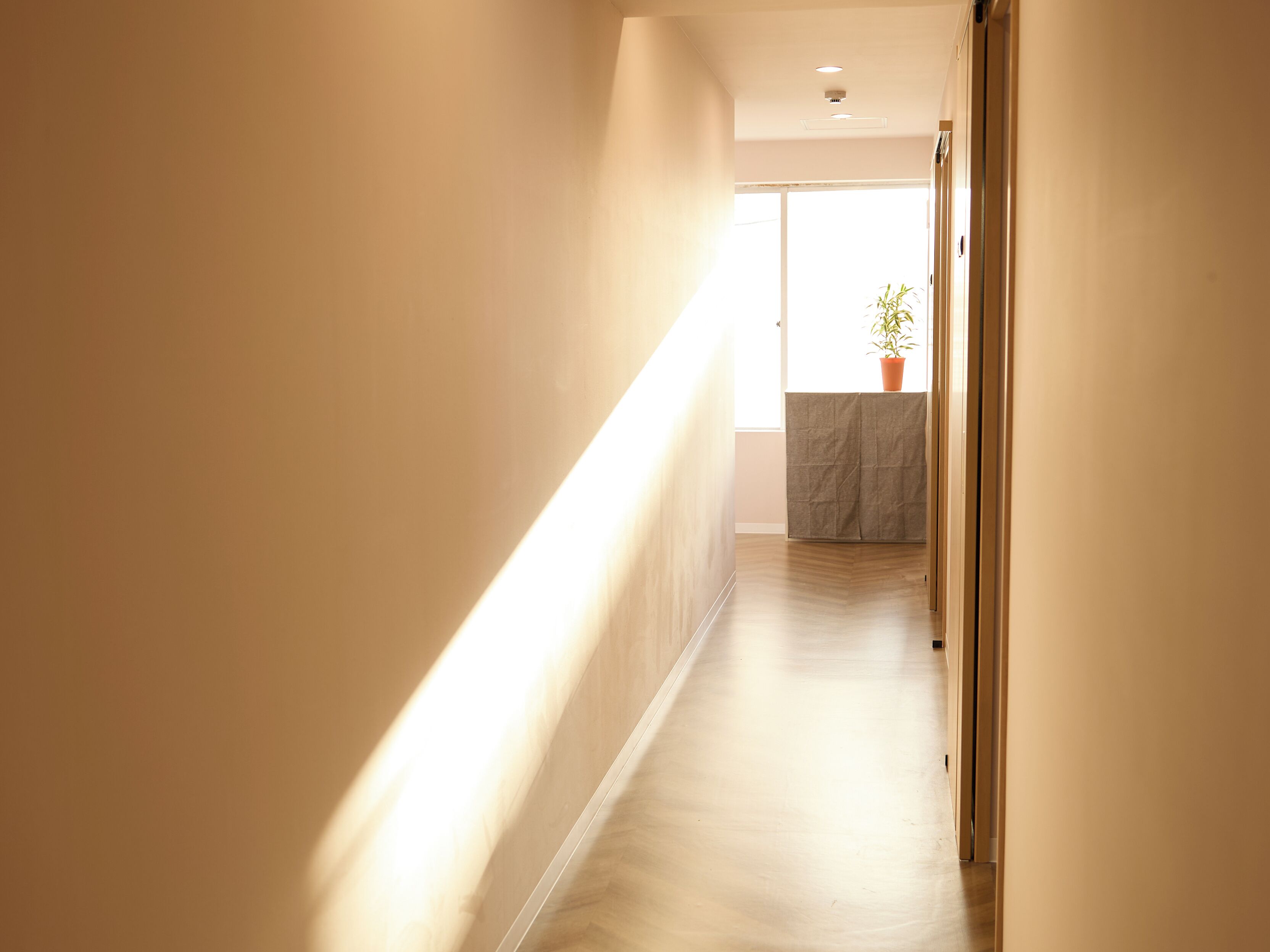 A narrow hallway with a wooden floor and light-colored walls. A window at the end of the hallway allows natural light to enter.