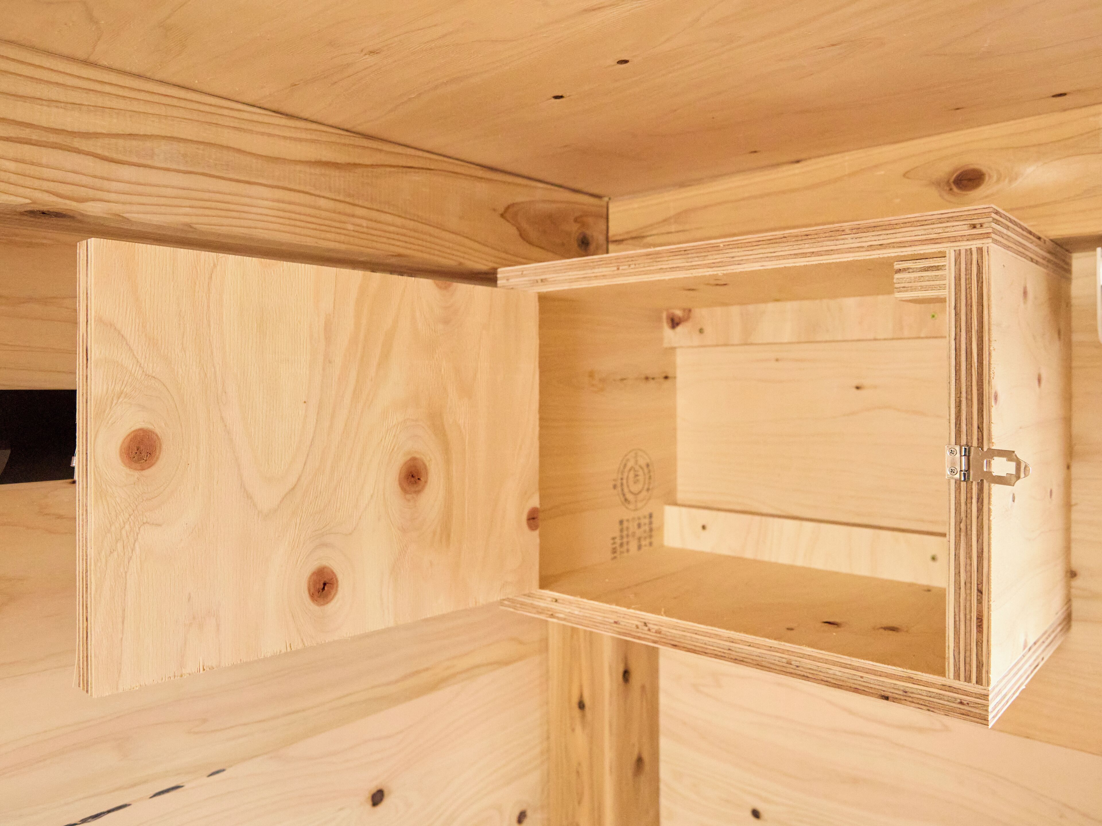 A wooden cabinet with a hinged door, visible wood grain, and metal hinges.