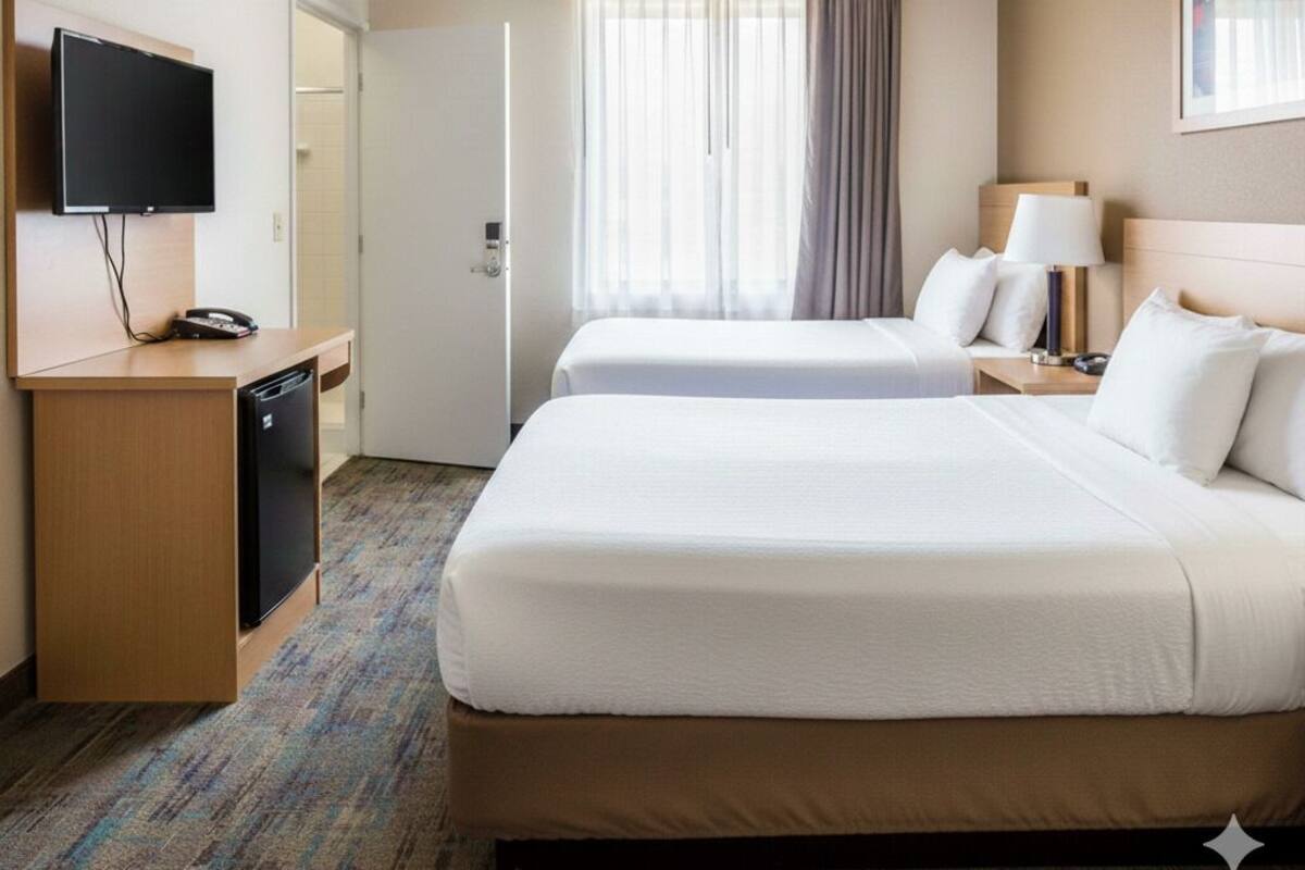 Habitación de hotel con dos camas, televisión, escritorio con teléfono y ventana con cortinas.