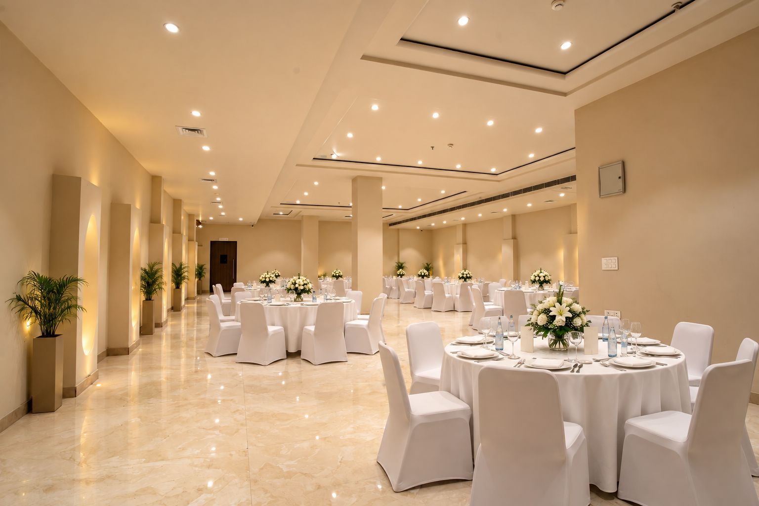 Un amplio salón de banquetes con mesas redondas, sillas blancas y centros de mesa florales.