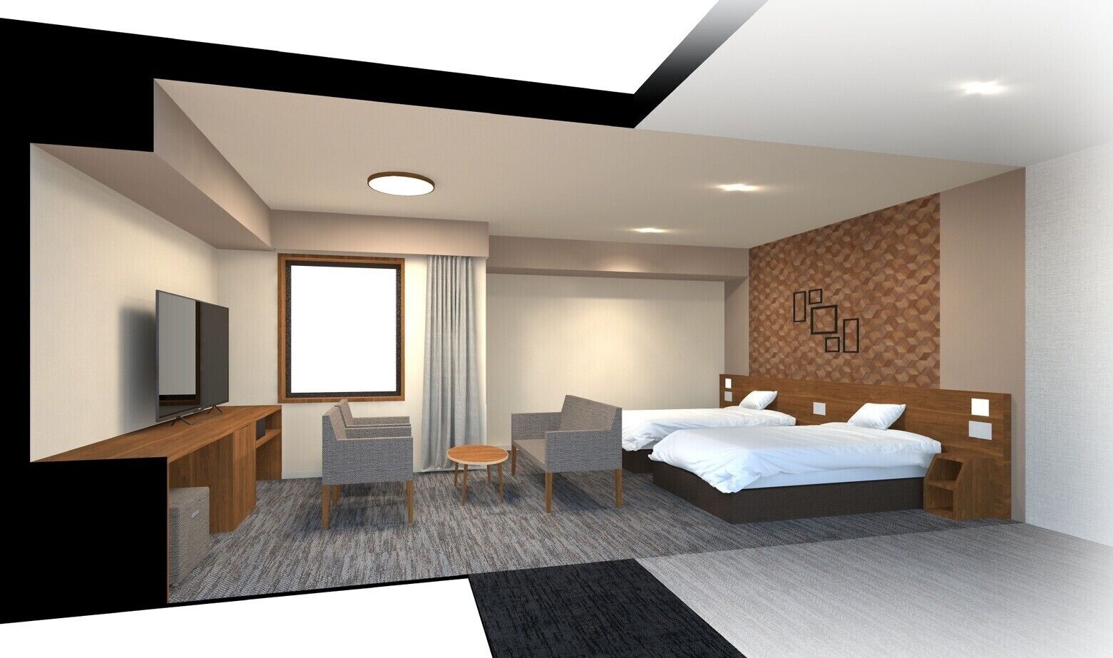 A modern hotel room with a bed, a desk, a TV, and a seating area.