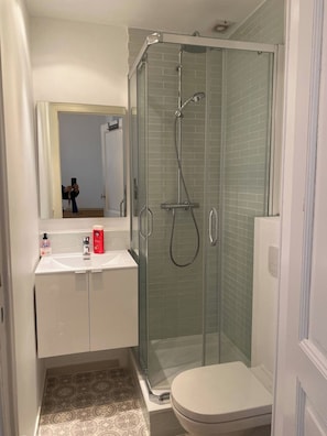 A modern bathroom with a glass-enclosed shower, a white sink with toiletries, and a toilet. - 1 Bedroom W Kitchen and Bathroom In Trendy St Gilles (Brussels)
