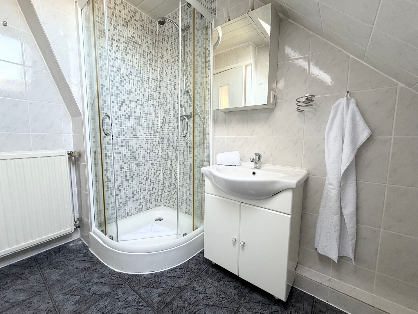 Ein modernes Badezimmer mit einer gläsernen Duschkabine, einem weißen Waschbecken und einem Spiegel darüber.