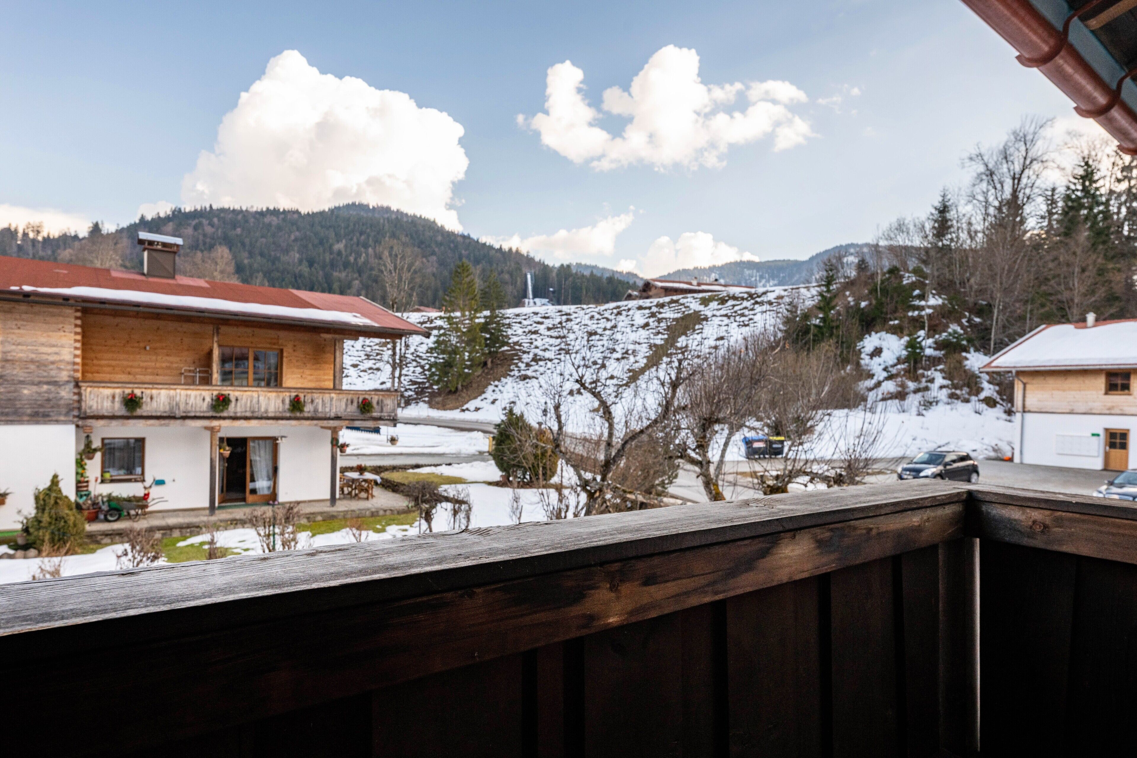 A residential area with houses, a snowy landscape, and a mountain in the background.