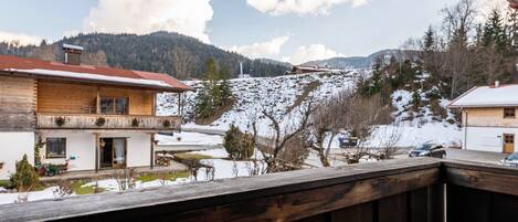 A residential area with houses, a snowy landscape, and a mountain in the background.