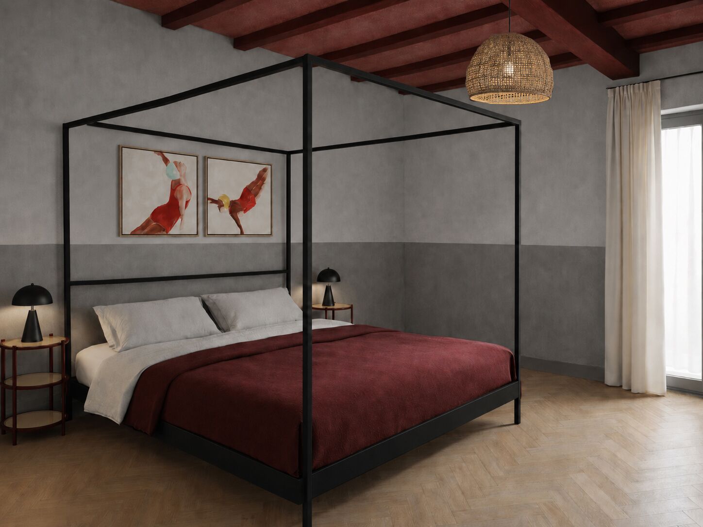 Desk, laptop workspace, blackout curtains, free WiFi