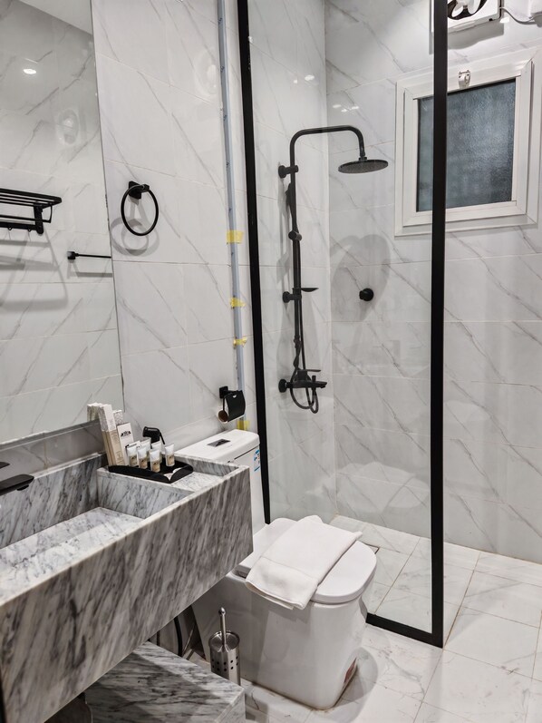 Shower, jetted bath, hair dryer, bidet