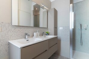 Shower, hair dryer, bidet, towels