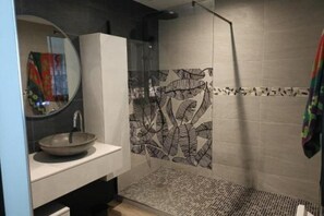 Regadera, secadora de cabello, toallas, papel de baño 