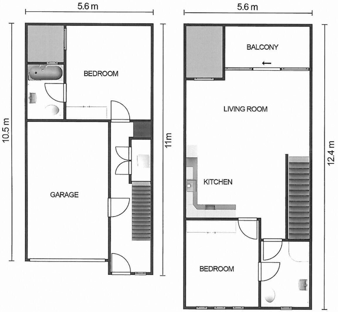 Plan d’étage d’un appartement de deux chambres avec balcon, salon, cuisine et garage.