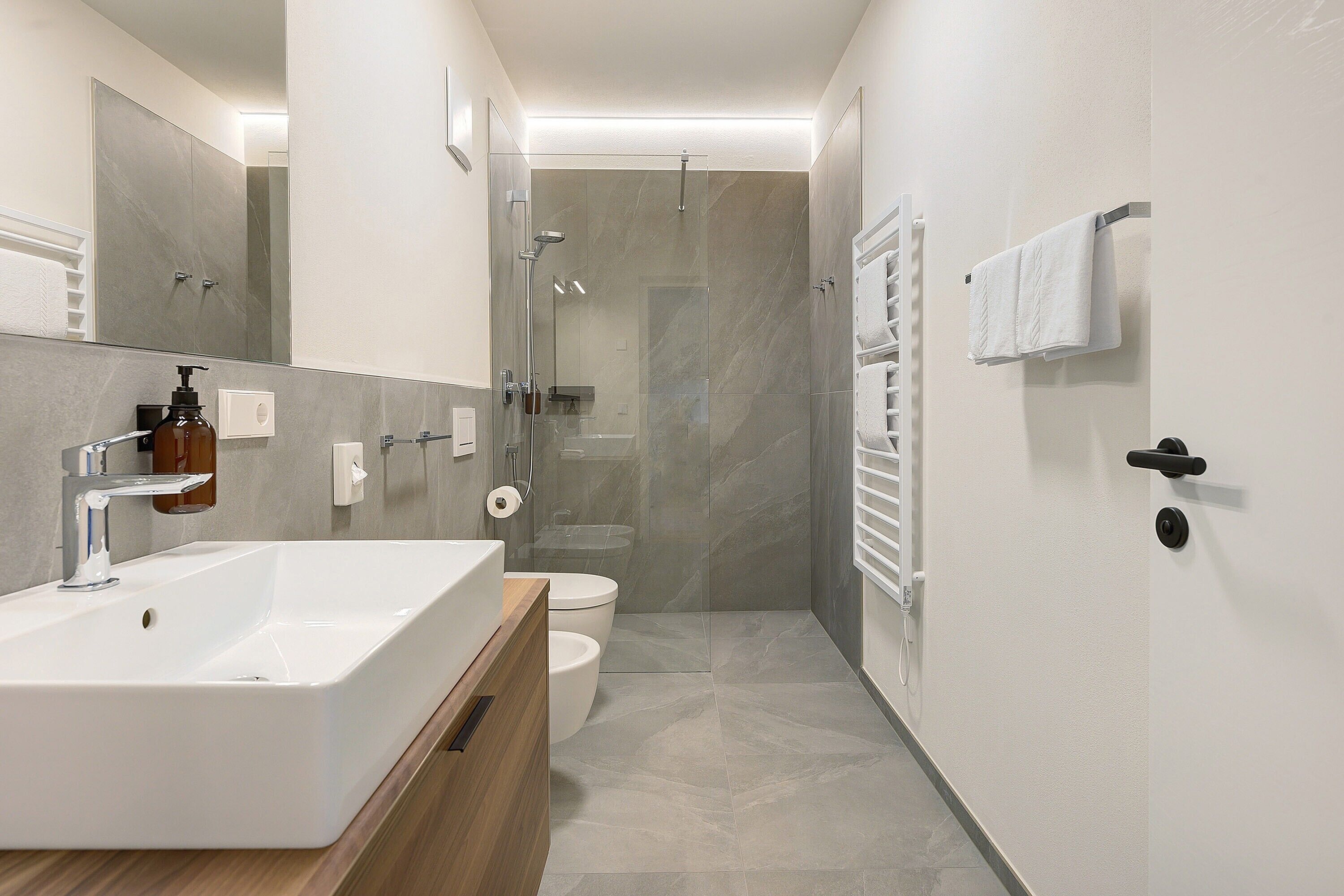 Shower, hair dryer, towels