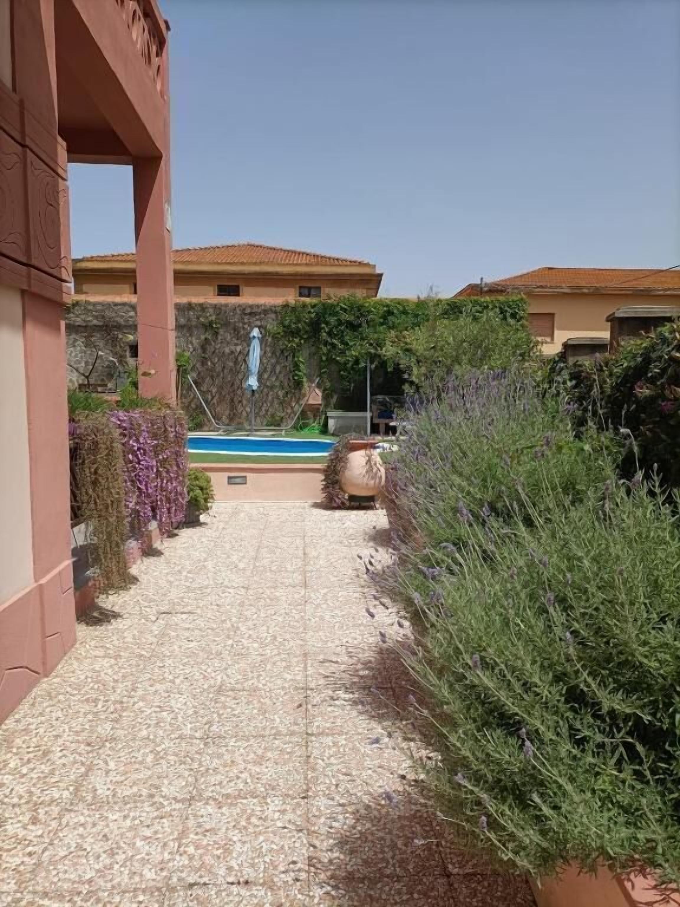 A pathway leading to a pool area with a stone floor, surrounded by various plants and a building with a tiled roof.