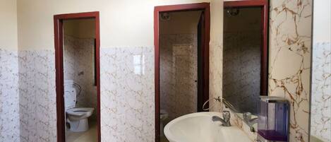 A bathroom with a toilet, sink, and mirror.