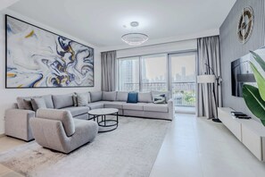 TV, offices - Modern 3BR Home, Maids Room, Burj Khalifa View (Dubai)