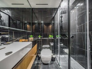 Shower, hair dryer, towels - Brand New, Luxury Furnished, 1BR Apartment in JVC (Dubai)