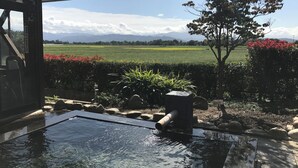 Una piscina con vistas despejadas a un campo verde y montañas al fondo.