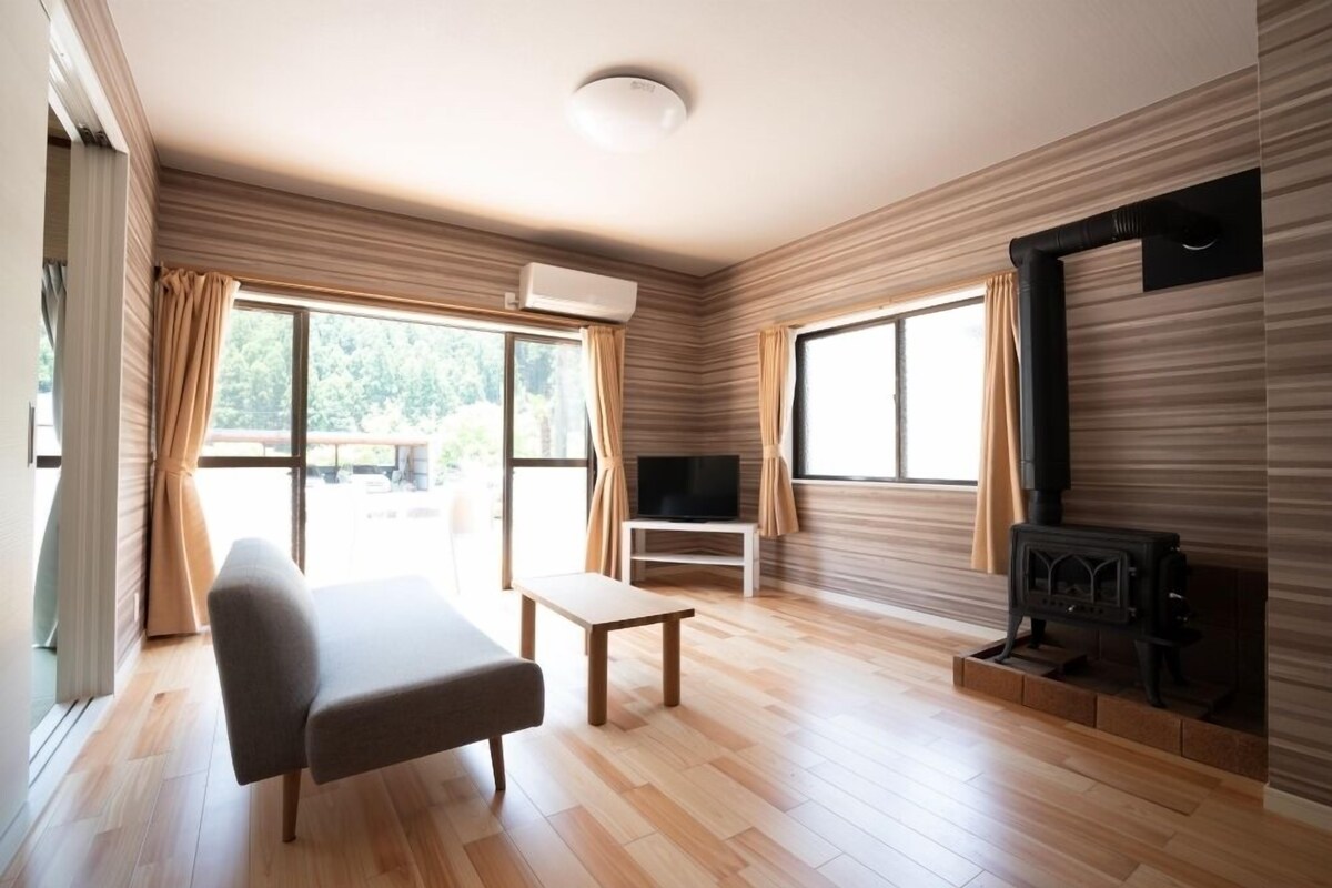 A modern living room with a sofa, TV, fireplace, and large windows.