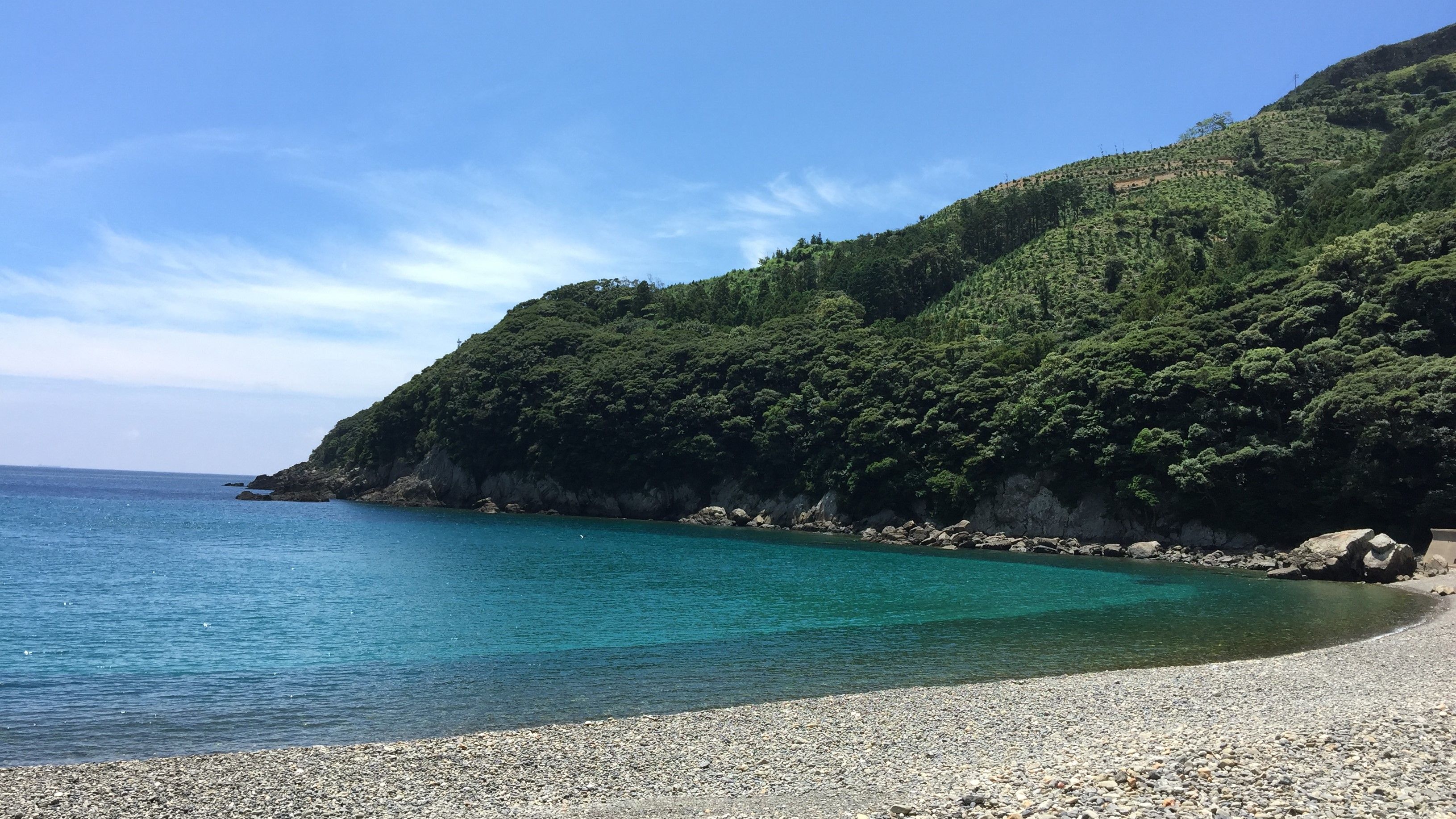 A coastal landscape with a pebble beach and a forested hillside.