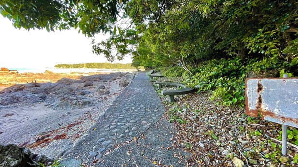 A rocky pathway leading to a beach, surrounded by lush greenery and a weathered signboard.