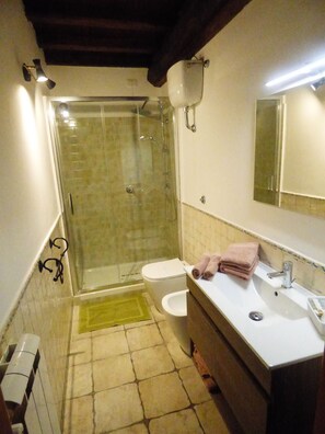 Secadora de cabello, toallas, jabón, papel de baño 