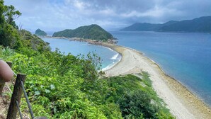 Eine Küstenlandschaft mit Strand, viel Grün und Bergen in der Ferne.